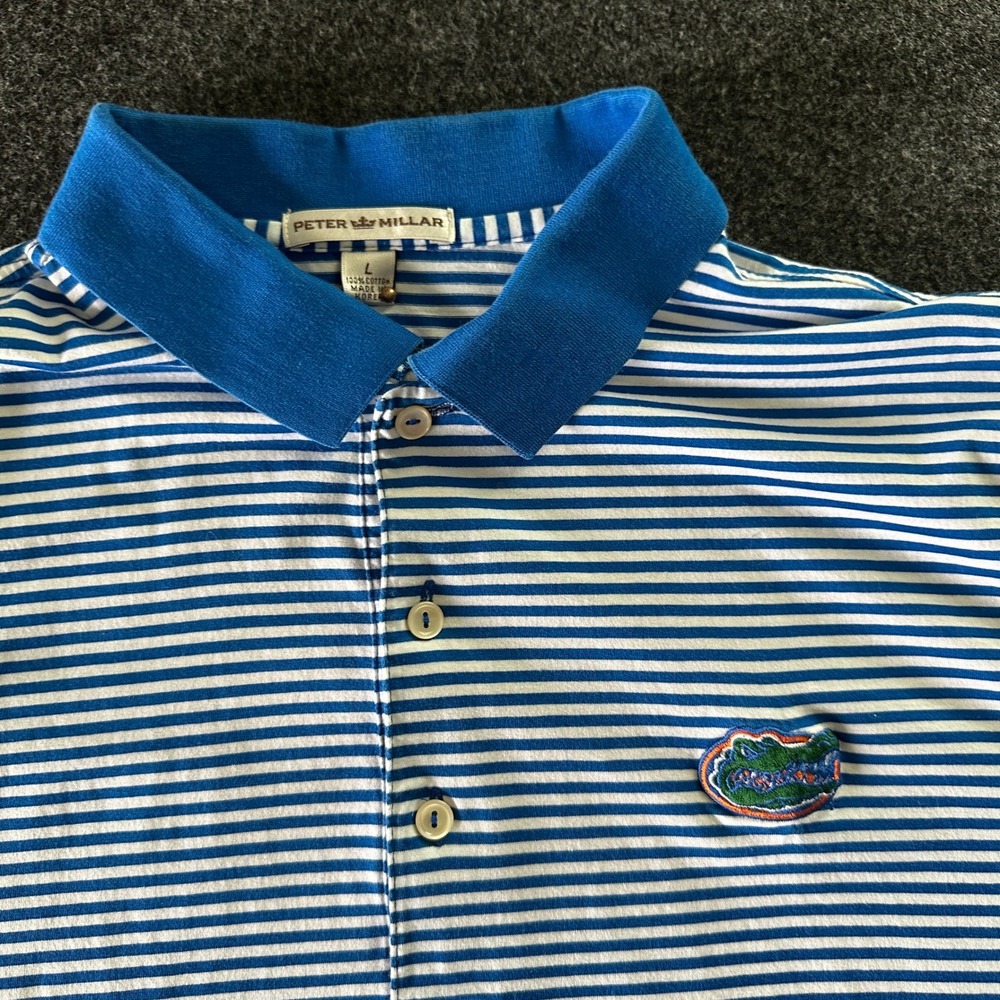Peter Millar Florida Gators Polo Shirt Mens Large Blue White Striped Cotton